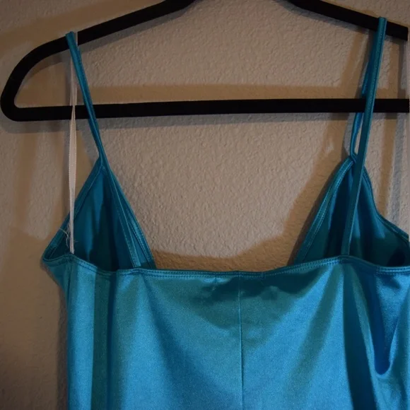 Y2K Aquamarine Slinky Asymmetrical Mini Bodycon Dress - Picture 6 of 7